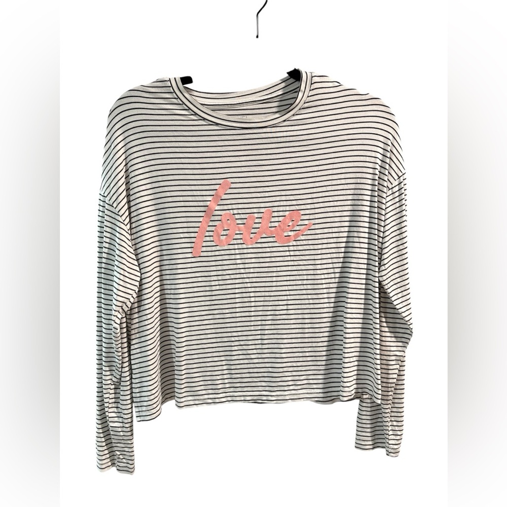 Rachel‎ Rachel Roy Striped Love Graphic Long Sleeve Top XS Black White Pink